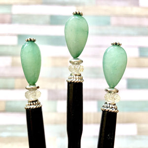Three of the the Joanna Tidal Hair Stick made from aqua green Aventurine stone beads