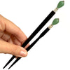 The standard and large sizes of the Joanna Tidal Hair Stick made from aqua green aventurine stone beads
