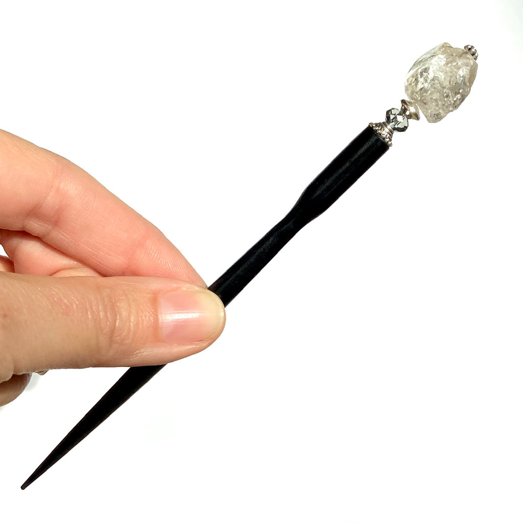 A full shot of our Natasha Hair Stick made from Herkimer diamond Quartz nuggets and Swarovski Black Diamond Crystals.