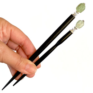 Both the standard and large size  of our Peyton Tidal hair Stick made from green Kyanite stone