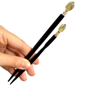 The standard and large sizes of the Vera Tidal Hair Stick made of yellow green Prehnite Stone beads.