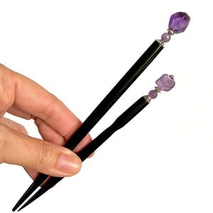The standard and large sizes of our Violet Hair Stick made from natural amethyst stone.