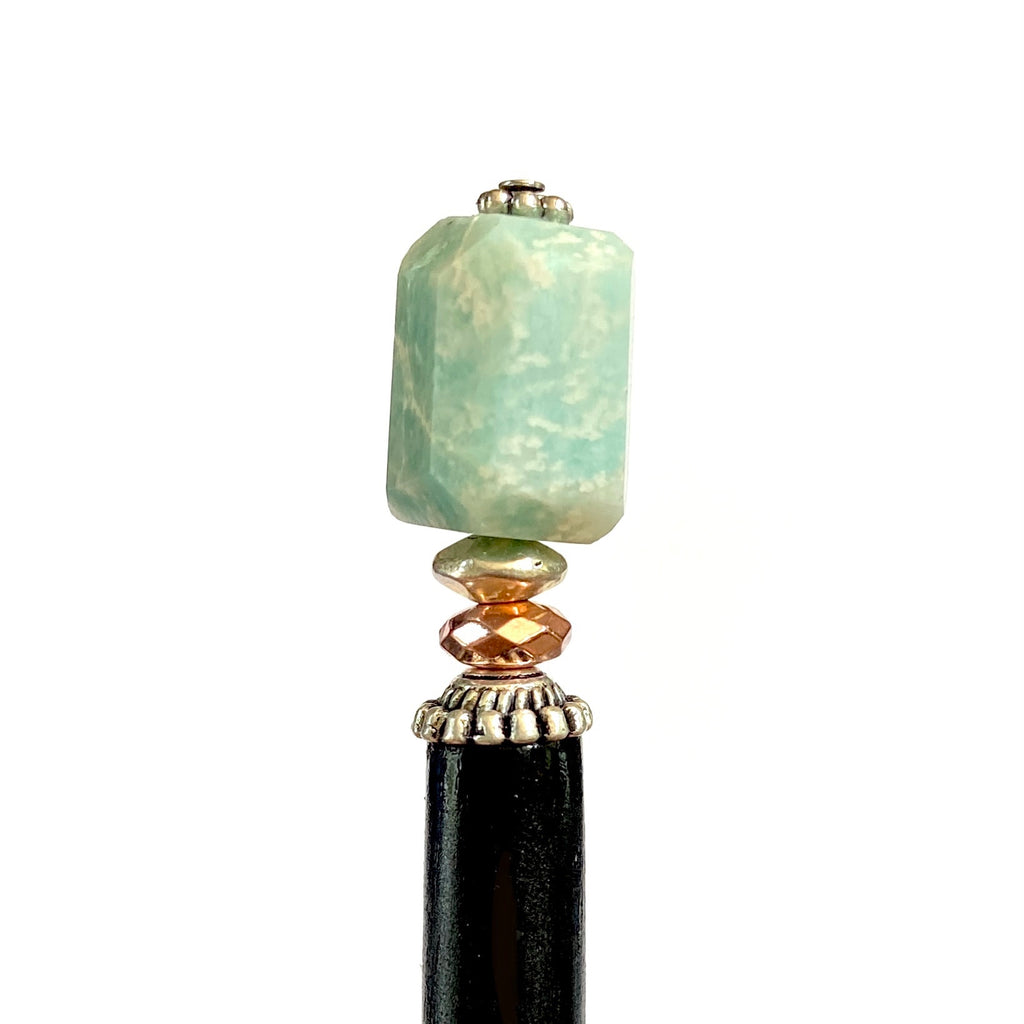 A close up of our Selina Hair Stick made from Turquoise Amazonite stone