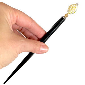 The large size of the Emerson Hair Stick made from transparent white oval Czech glass beads with yellow flowers. 