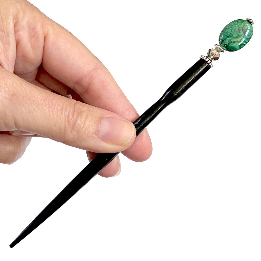 The standard size of the Quinn Tidal Hair Stick made from green crazy lace agate stone beads