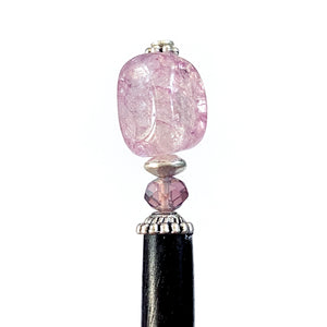 A close up of the Taylor hair stick is made with lilac purple Quartz nugget beads.