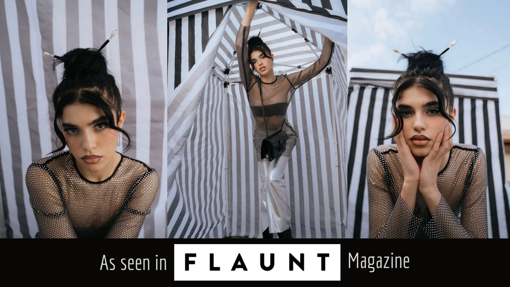 A series of photos from Flaunt magazine where French-American singer Yona wears Tidal Hair Sticks in her hair. 