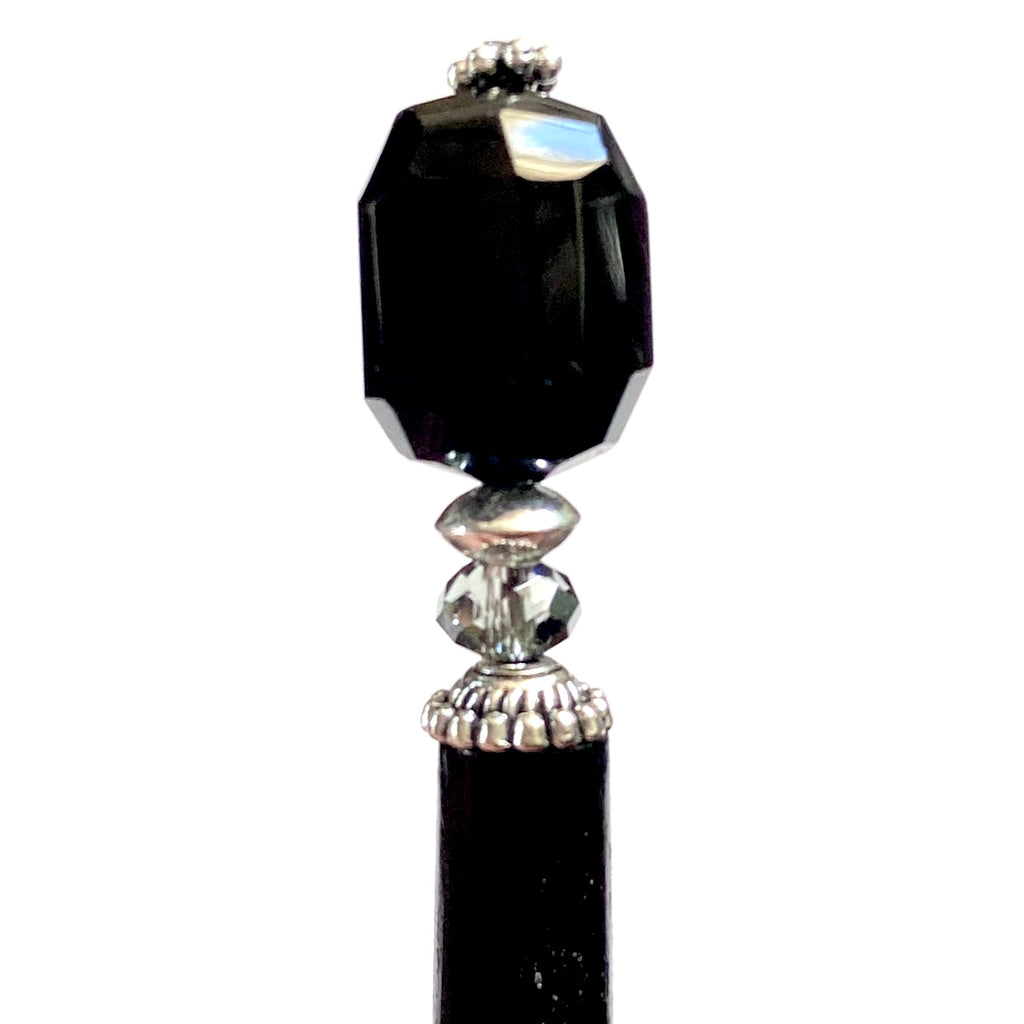 A close up of our Laura Hair Stick made with Onyx nuggets and Austrian crystal accent.