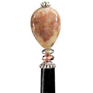 A close up of the Gemma Tidal Hair Stick made from Bamboo Agate Stone beads