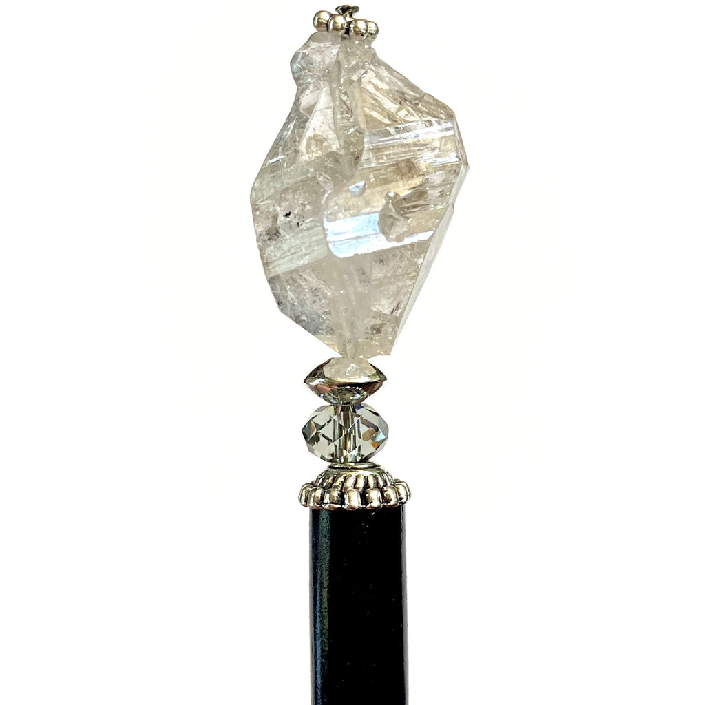 A close up of our Natasha Hair Stick made from Herkimer diamond Quartz nuggets and Swarovski Black Diamond Crystals.