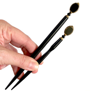The large and standard sizes of our Trinity hair sticks made from gold rimmed black Czech glass beads.  