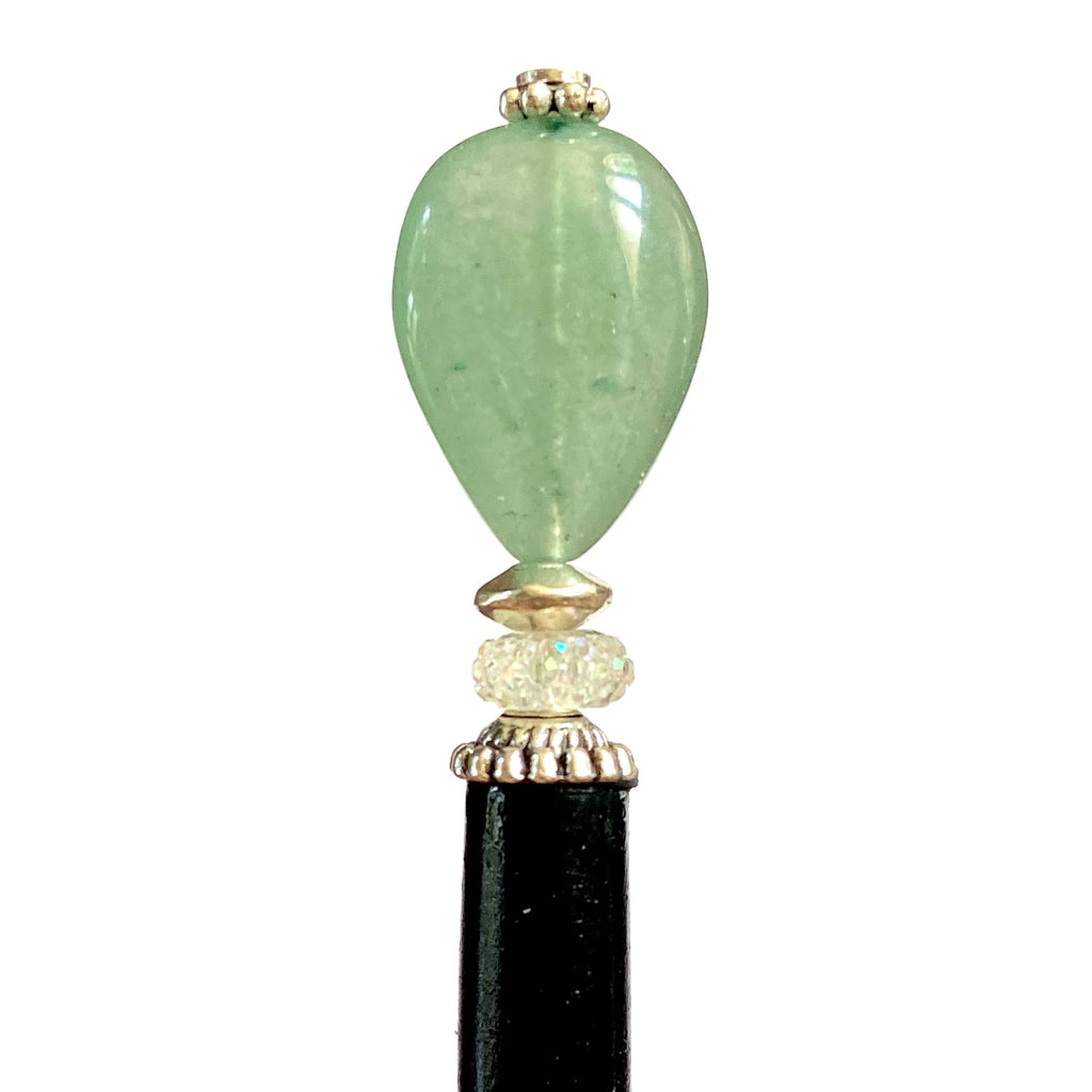 A close up of the Joanna Tidal Hair Stick made from aqua green aventurine stone beads.