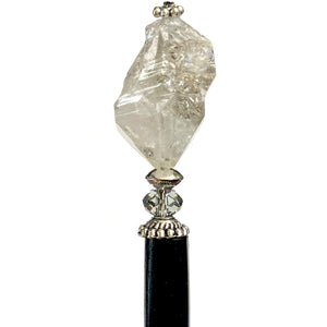 A close up of our Natasha Hair Stick made from Herkimer diamond Quartz nuggets and Swarovski Black Diamond Crystals.