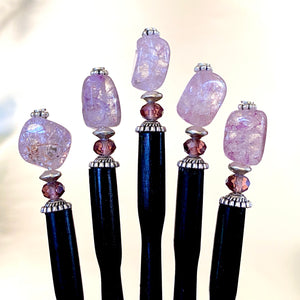 A set of 5 purple quartz Taylor Tidal Hair Sticks