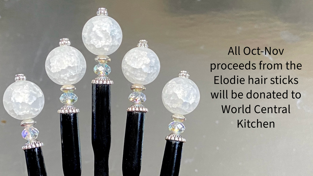 All October-November proceeds from the Elodie Hair Sticks will be donated to World Central Kitchen