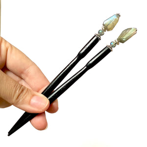 A set of two standard size of the Dylan Tidal Hair Stick made from faceted labradorite nugget stone.