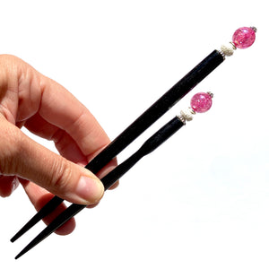 The standard and large size of our Chelsea Hair Stick made with hot pink crackle glass beads