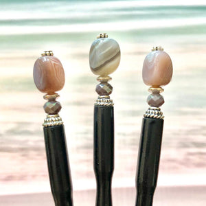 Three Cassie Hair Sticks made from lavender gray agate stone nuggets.