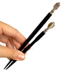 The standard and the large sizes of the Cassie Hair Stick made from lavender gray agate stone nuggets.