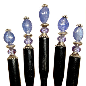 A group of five of our Claudia Hair Stick made from Tanzanite Stone and matching Swarovski crystal.