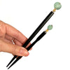 The standard and large sizes of the Daliah Hair Stick made from aqua African Recycled Glass beads.