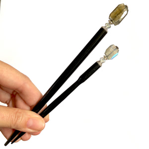 The standard and large sizes of the Dylan Hair Stick made from labradorite nuggets