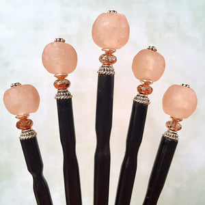 Five of the Ellen Hair Stick made from blush pink peach African Recycled Glass beads.