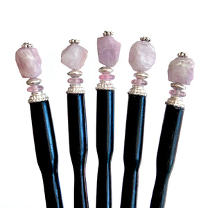 Five of our Hailey Hair Sticks made from lilac-colored Kunzite nuggets.