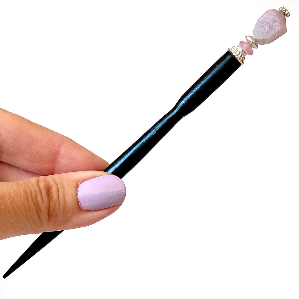 A full shot of the standard size of our Hailey Hair Stick made from lilac-colored Kunzite nuggets.