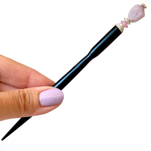 A full shot of the standard size of our Hailey Hair Stick made from lilac-colored Kunzite nuggets.
