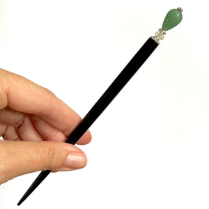 The large size of the Joanna Tidal Hair Stick made from aqua green aventurine stone beads