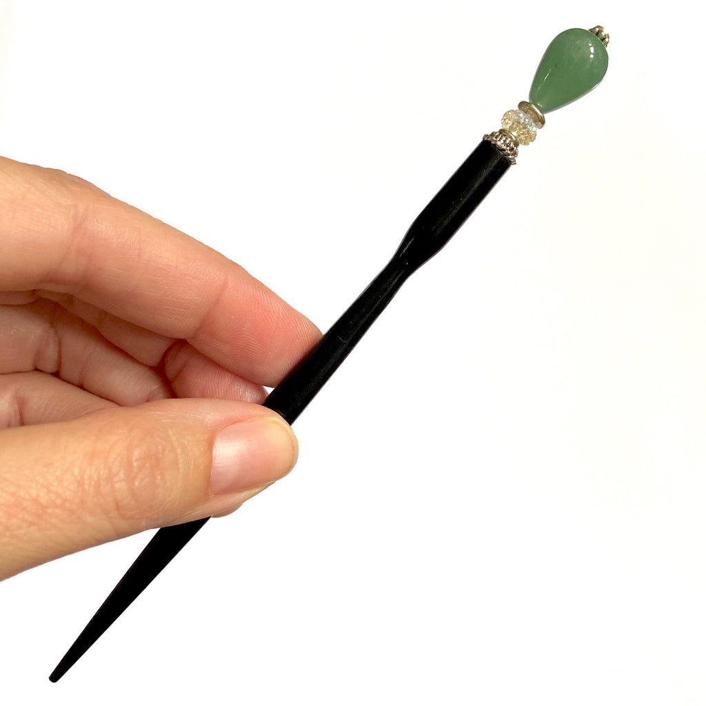 A full picture of the Joanna Tidal Hair Stick made from aqua green aventurine stone beads