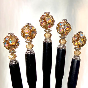 A set of 5 of our Kathleen Hair Sticks made from gold Czech glass beads