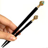 The standard and large sizes of the Kathleen Hair Stick made from a gold Czech glass bead