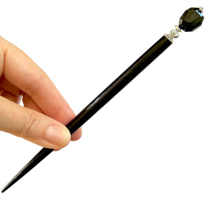 The large size of our Laura Hair Stick made with Onyx nuggets and Austrian crystal accent.