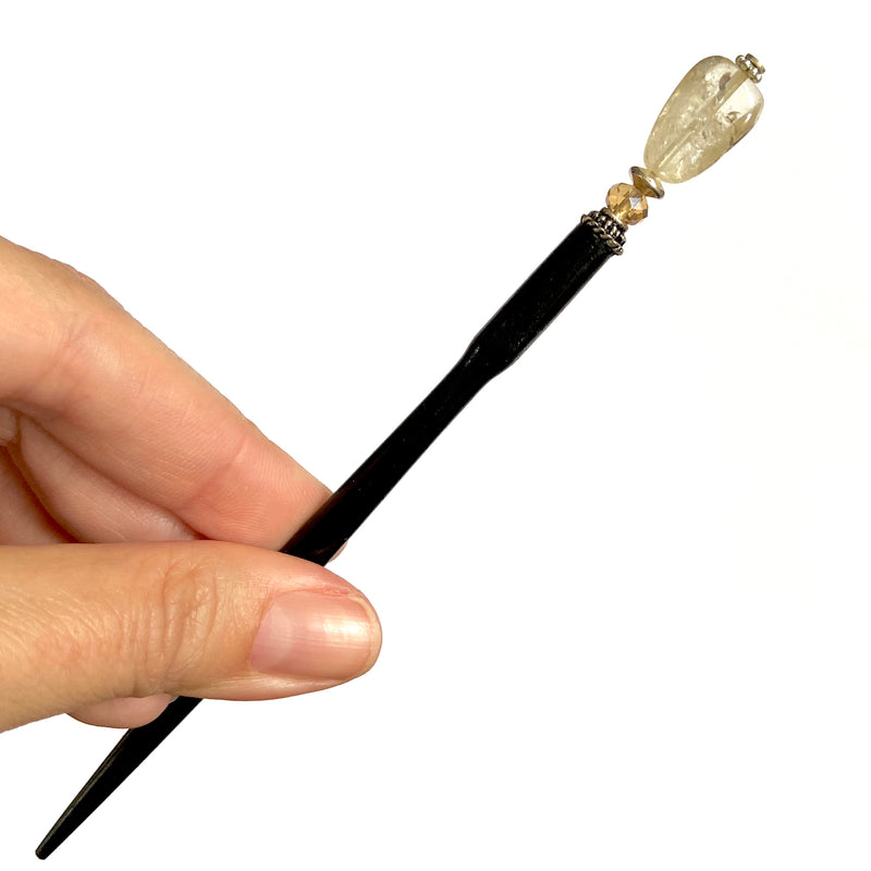 A close up of the Layla Hair Stick made from Yellow Citrine nugget beads.
