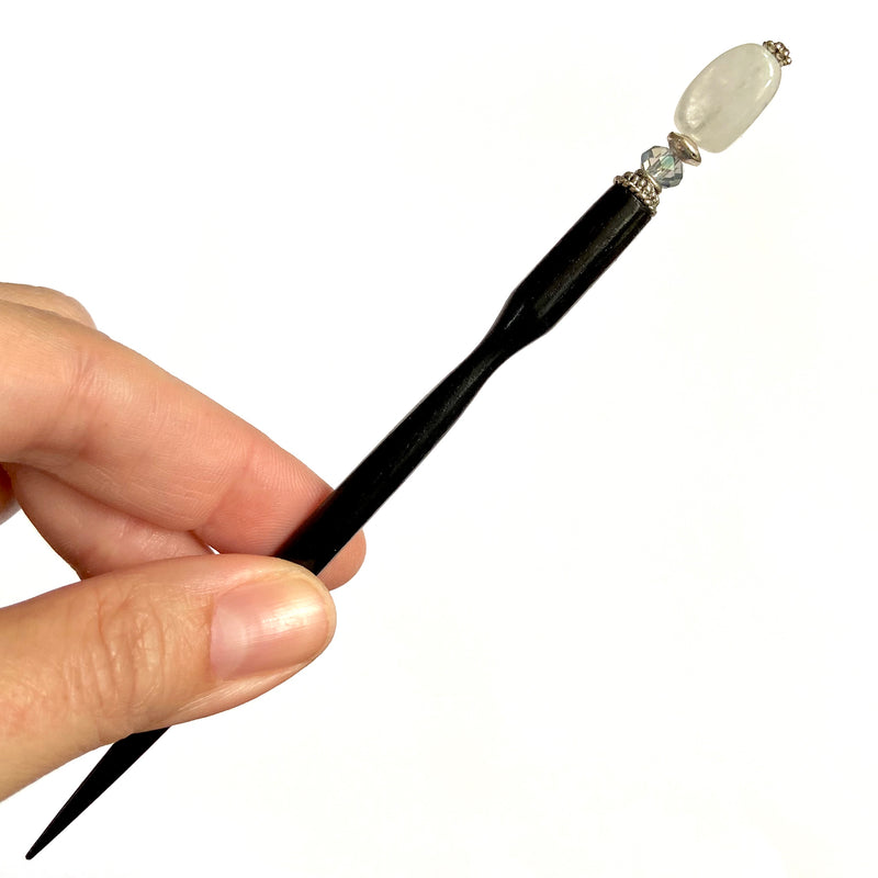 A close up of the Luna Tidal Hair Stick made from Rainbow Moonstone nugget beads