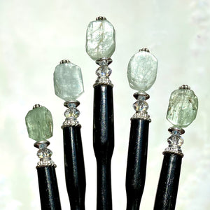 A set of five of our Peyton Tidal hair Sticks made from green Kyanite stone