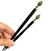 The standard and large sizes of the Quinn Tidal Hair Stick made from green Jasper stone beads.