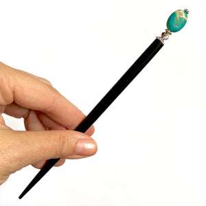 The large size of the Terra Tidal Hair Stick made from blue Jasper stone beads.