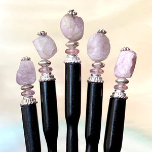 Five of our Hailey Hair Stick made from lilac-colored Kunzite nuggets.