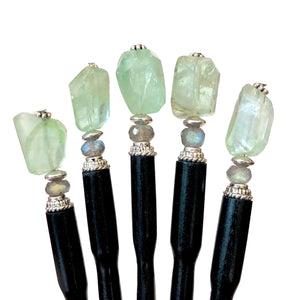 A group of our Kira Tidal Hair Stick made from green fluorite nugget stone.