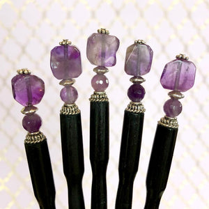 Five Violet Hair Sticks made from purple amethyst nuggets.